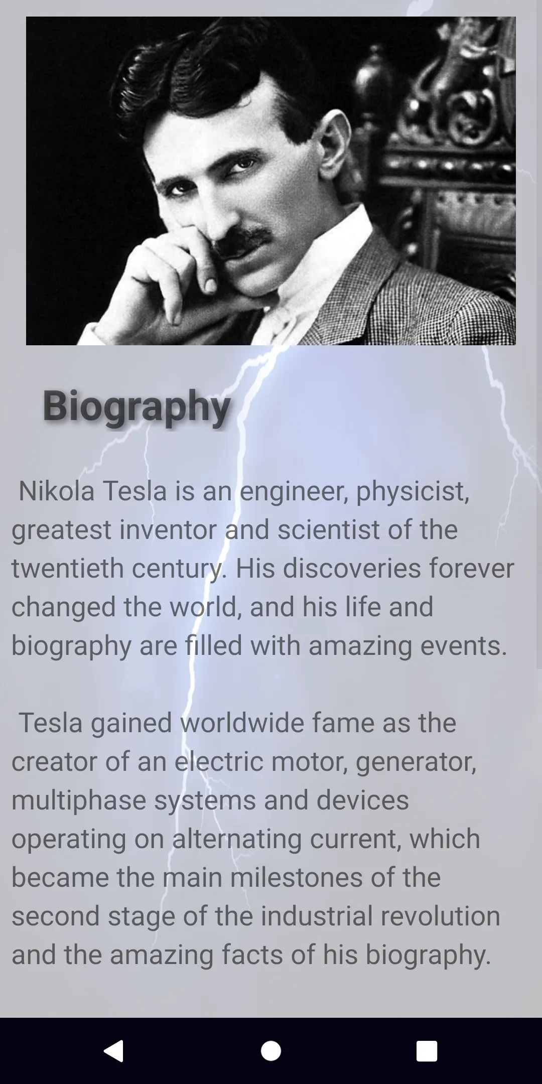 Nikola Tesla. Biography. | Indus Appstore | Screenshot