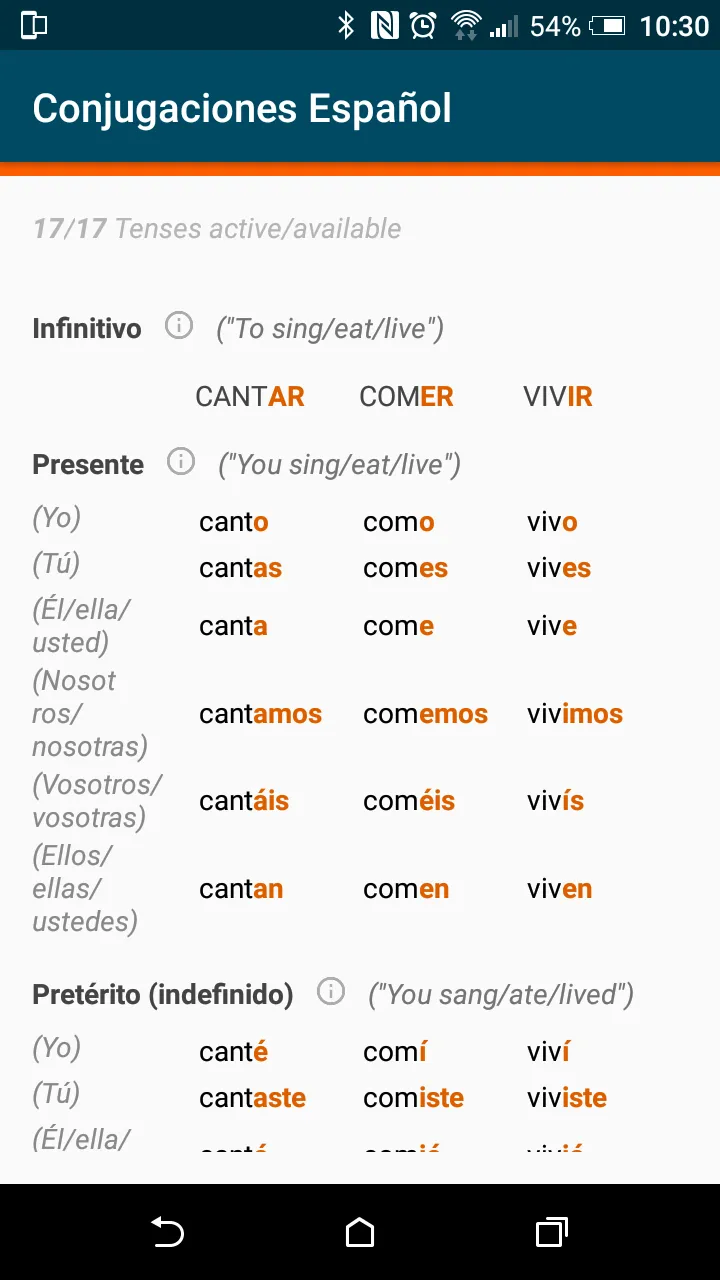 Spanish verb conjugations Espa | Indus Appstore | Screenshot