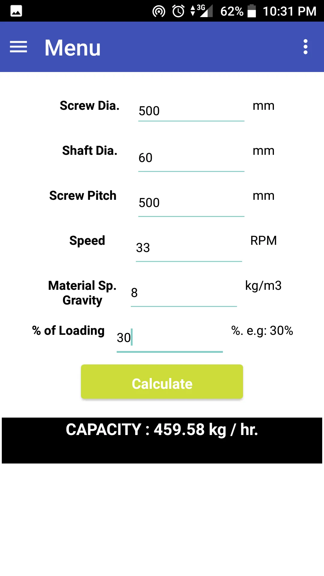 Screw Conveyor Calculator | Indus Appstore | Screenshot