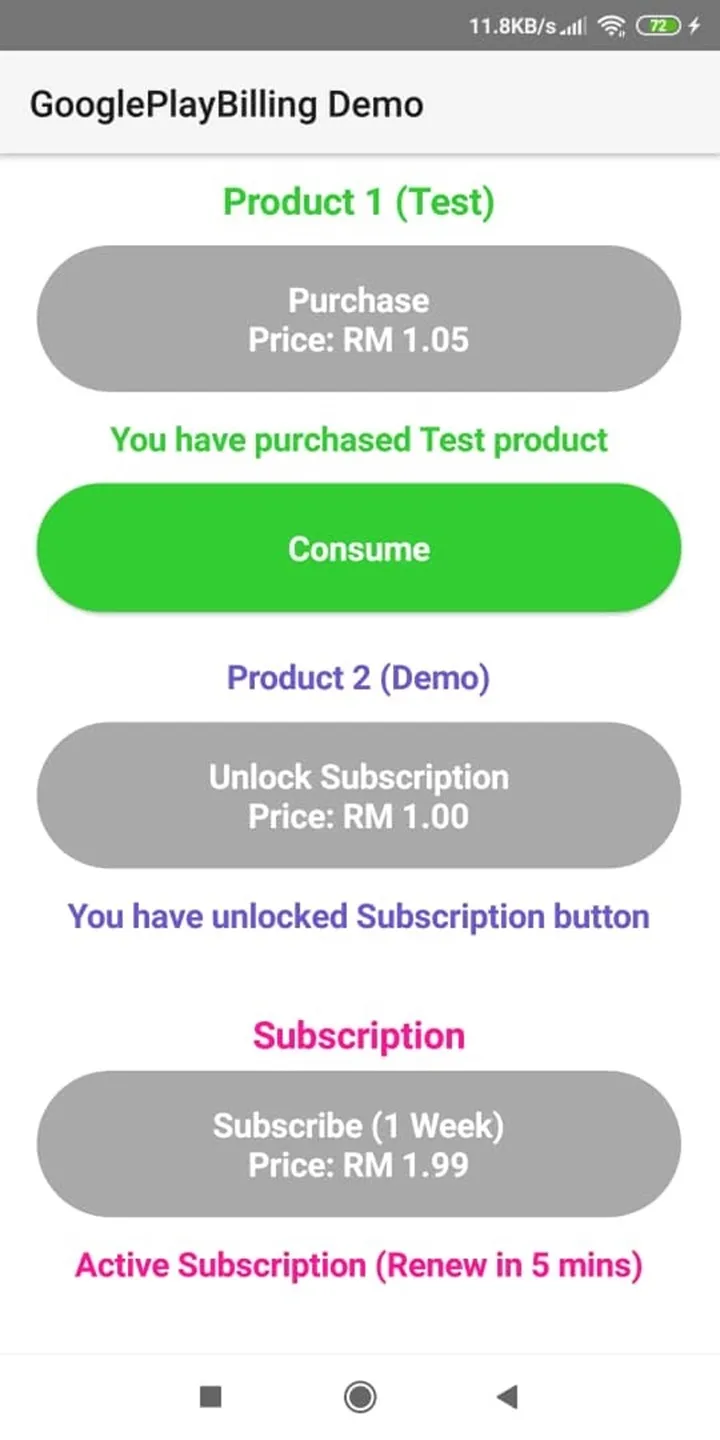 GooglePlayBilling Demo | Indus Appstore | Screenshot