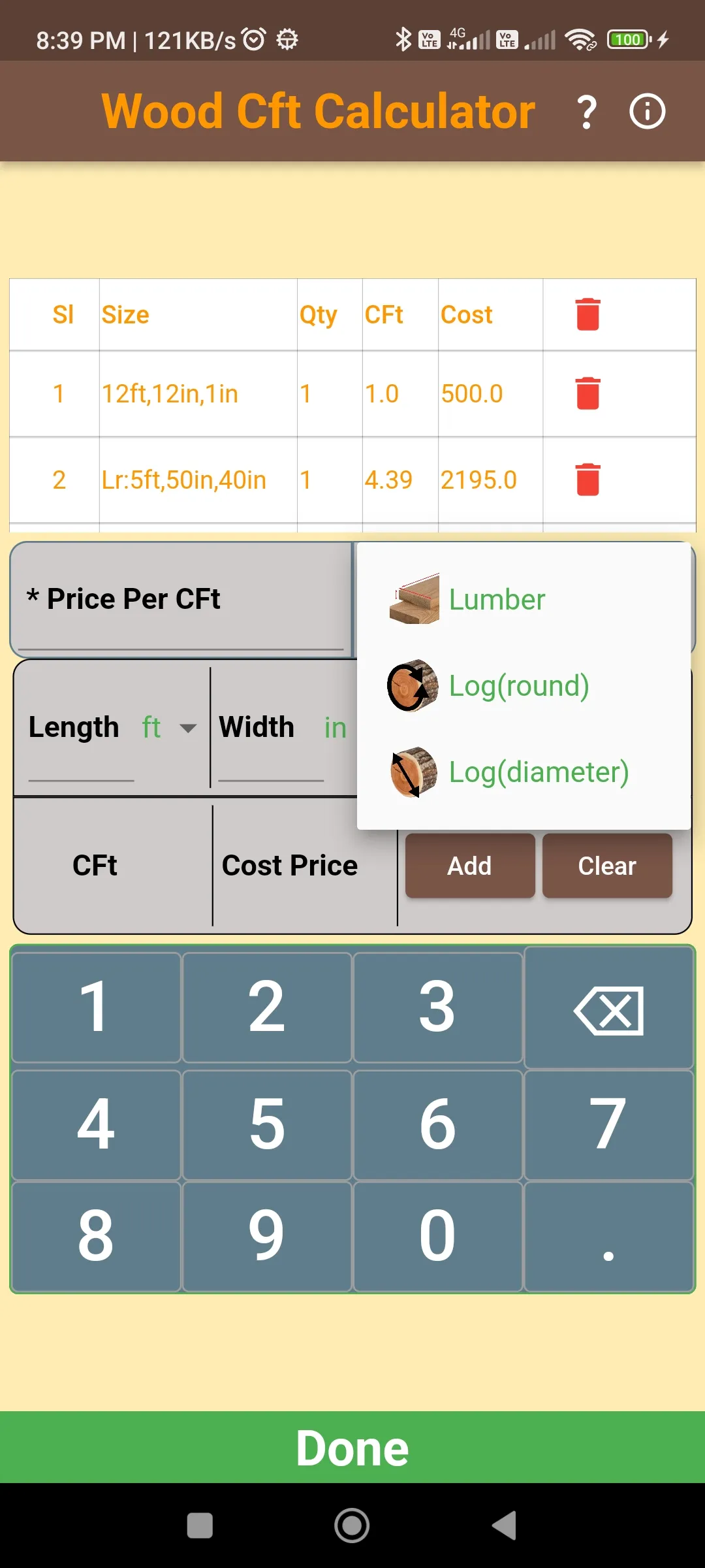 Wood CFT Calculator | Indus Appstore | Screenshot