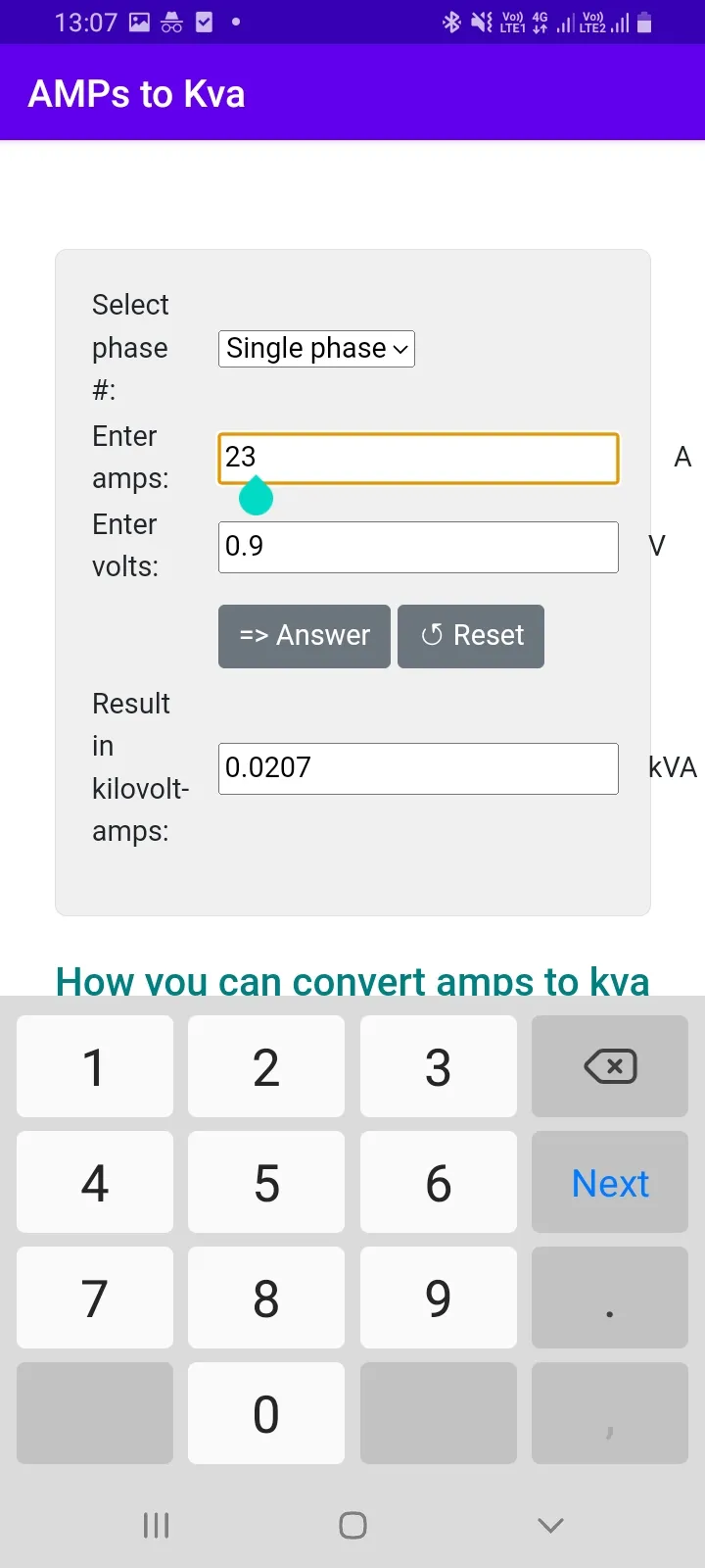 AMPs to Kva Converter | Indus Appstore | Screenshot