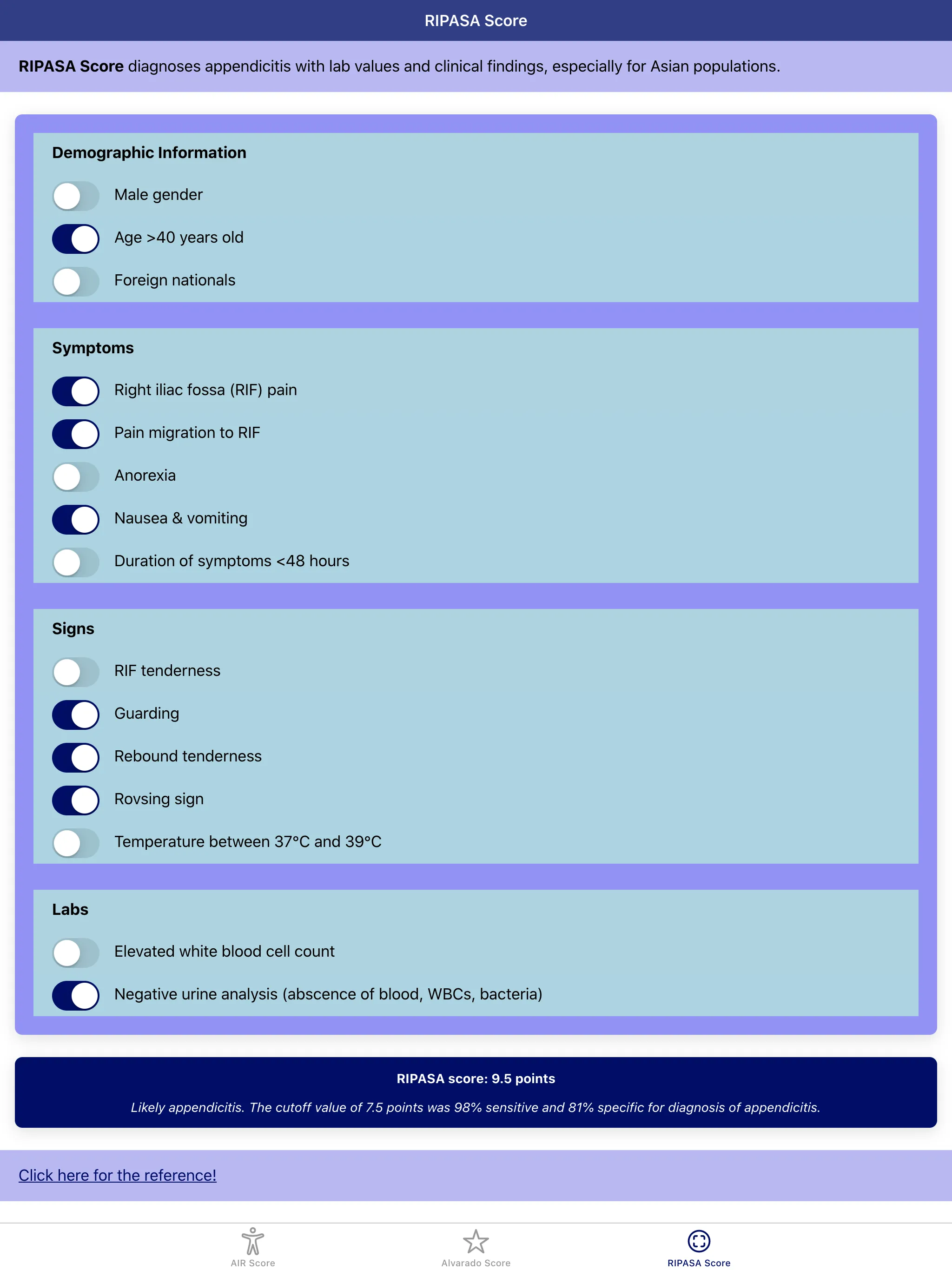 Pocket Appendicitis Score | Indus Appstore | Screenshot