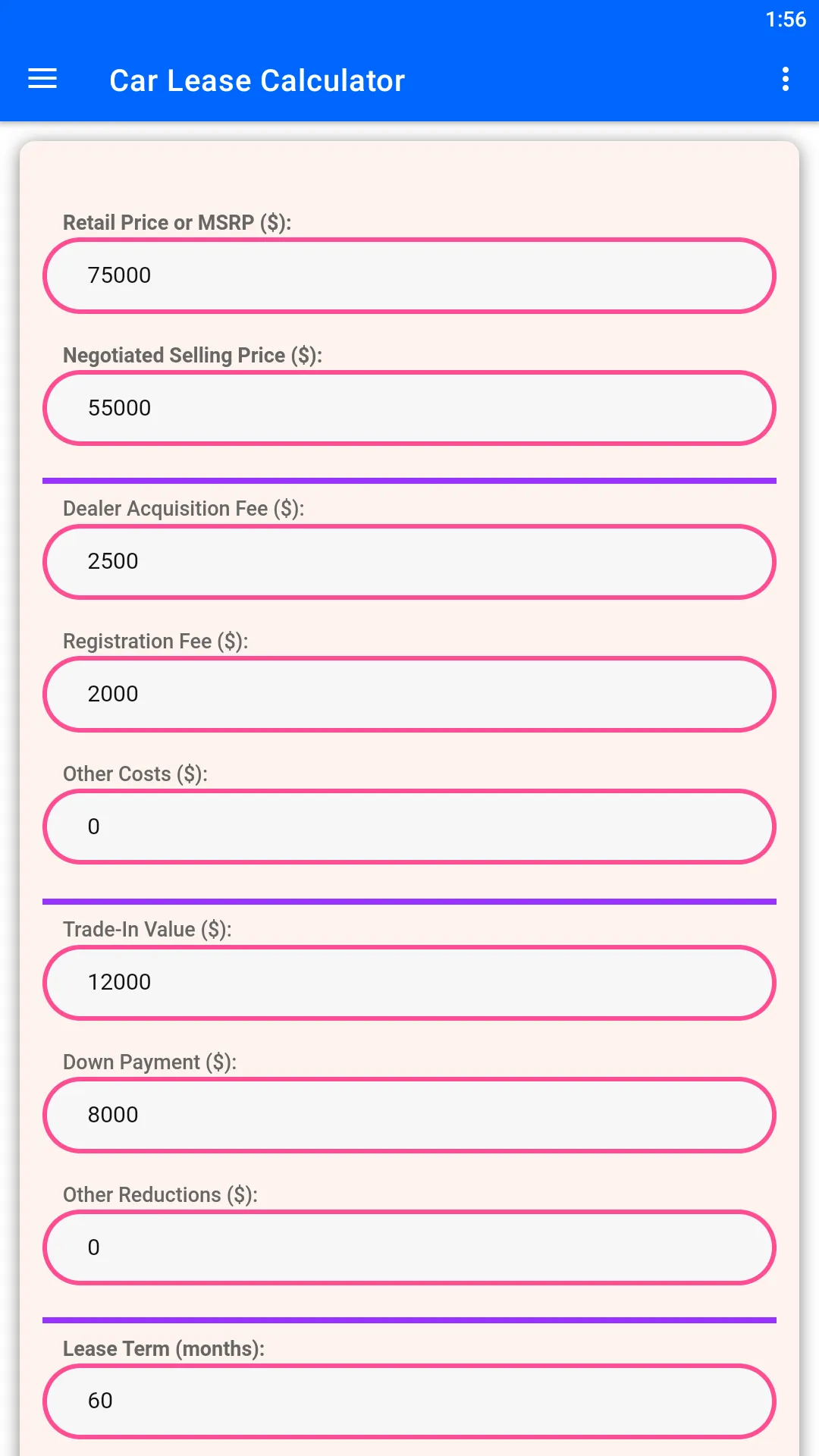 Car Lease Calculator | Indus Appstore | Screenshot