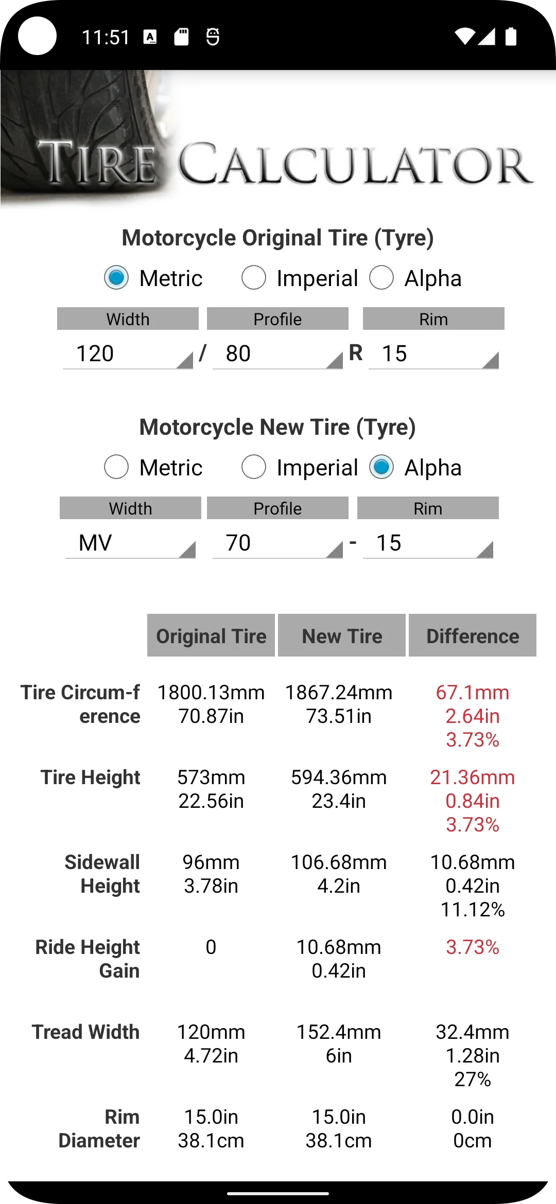 Tire Size Calculator | Indus Appstore | Screenshot