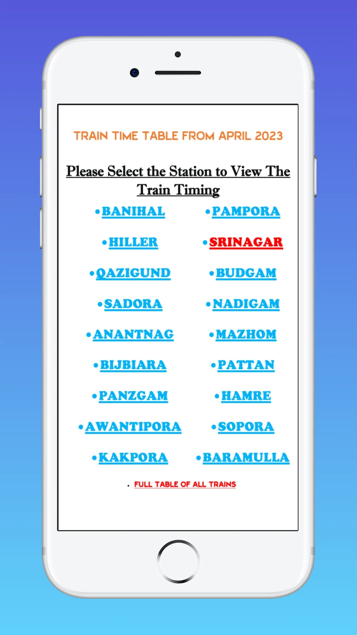 Kashmir Train Timings | Indus Appstore | Screenshot