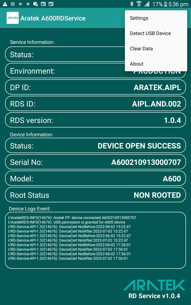 Aratek A600 RD Service | Indus Appstore | Screenshot