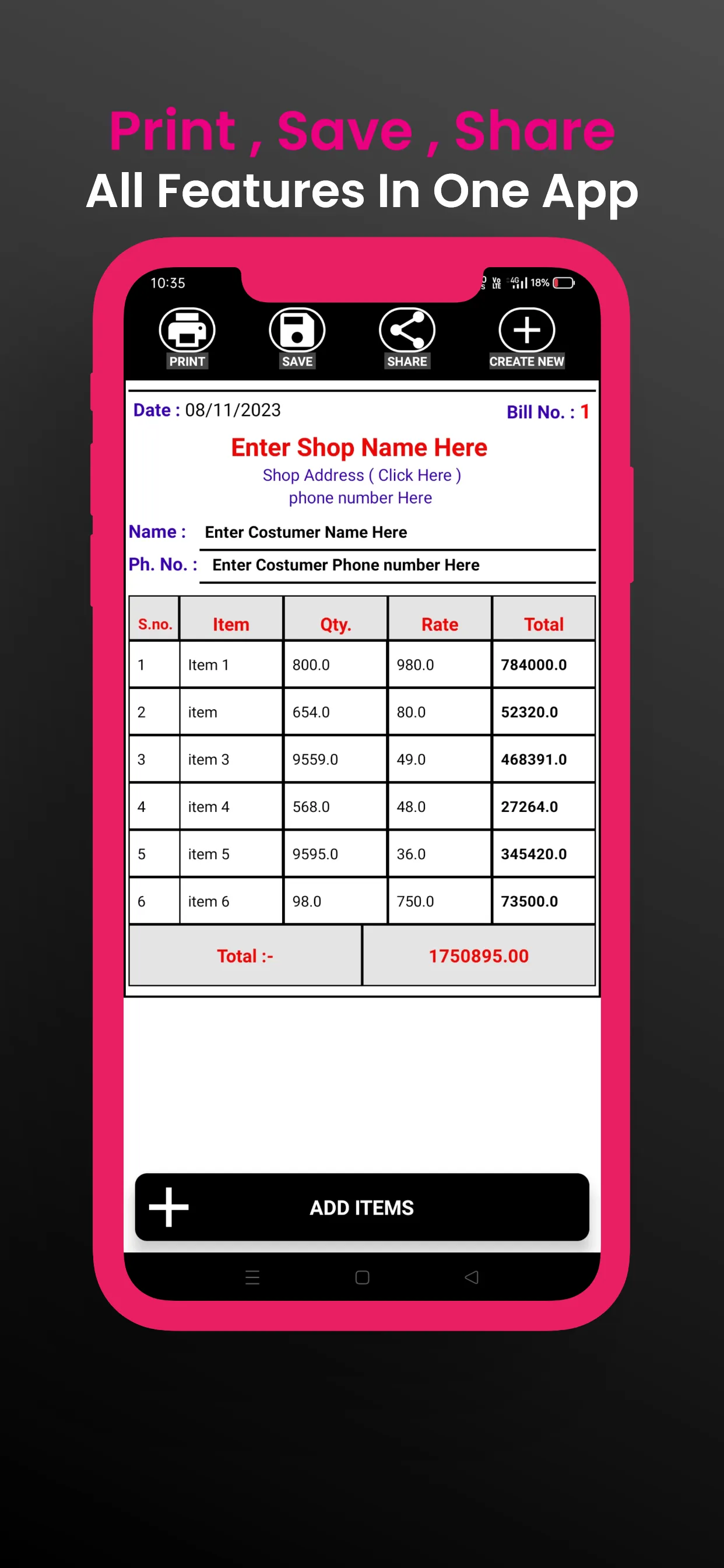 Bill Book Auto Calculate | Indus Appstore | Screenshot