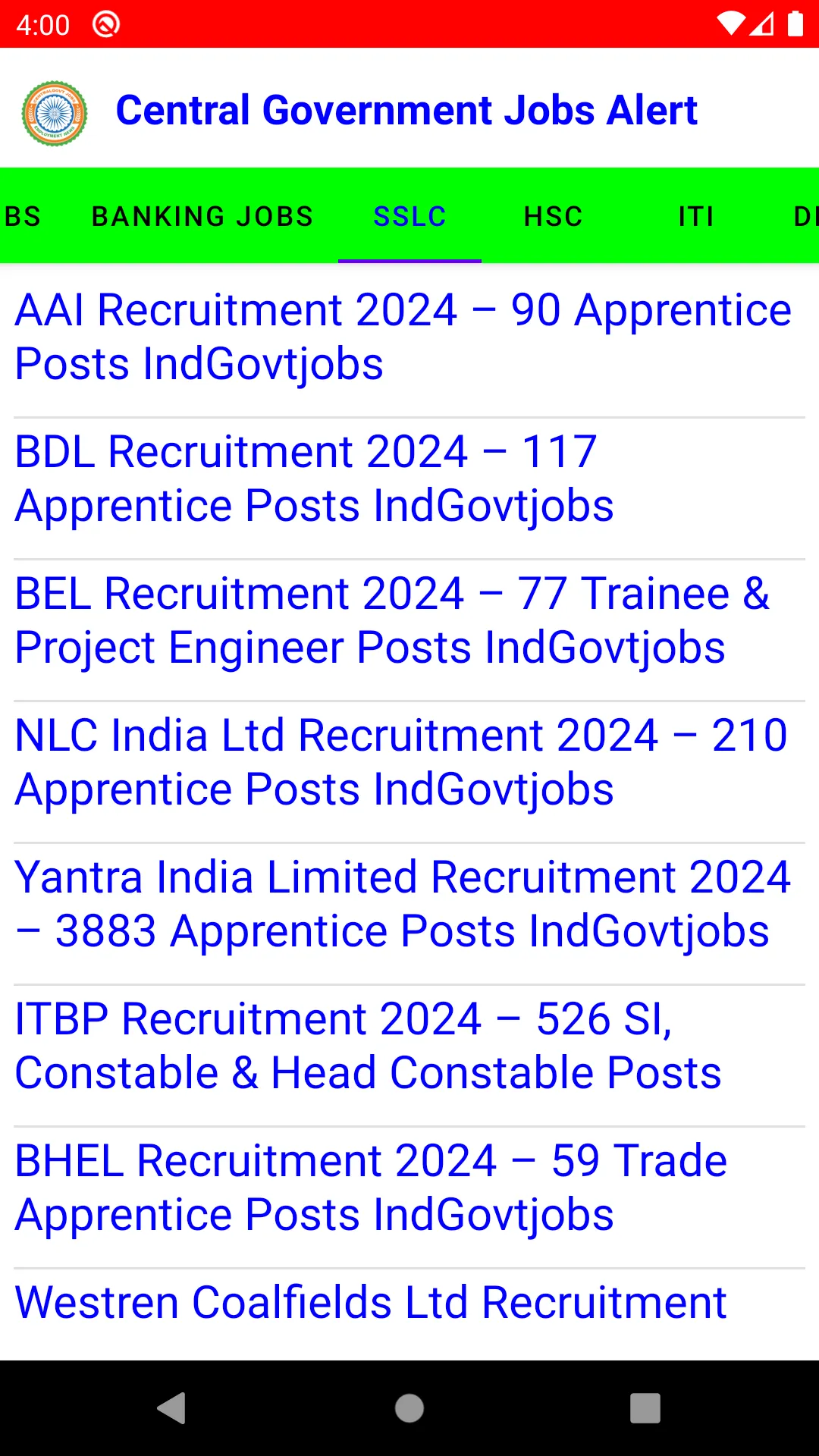 Central Government Jobs Alert | Indus Appstore | Screenshot