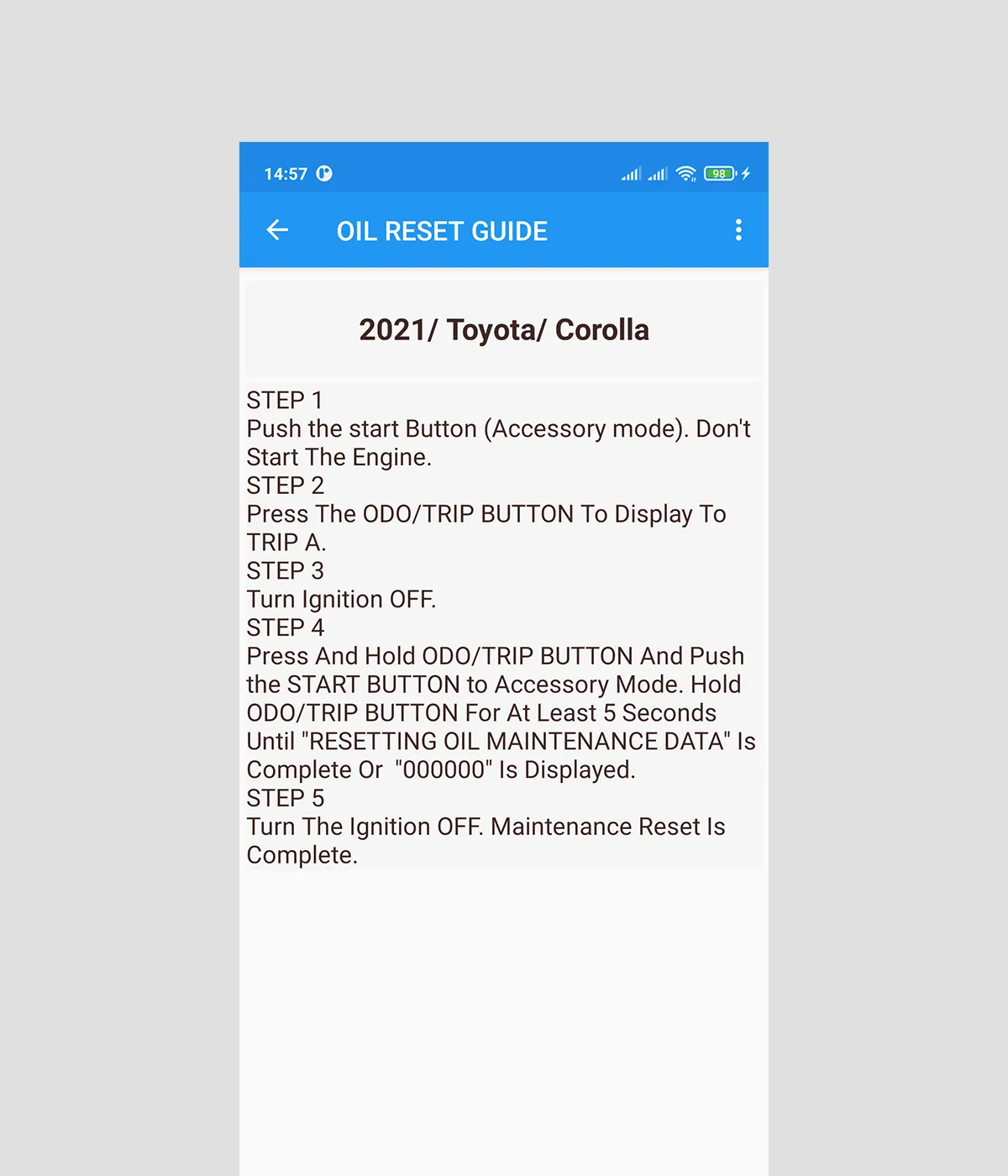 Reset Oil Service Guide Lite | Indus Appstore | Screenshot