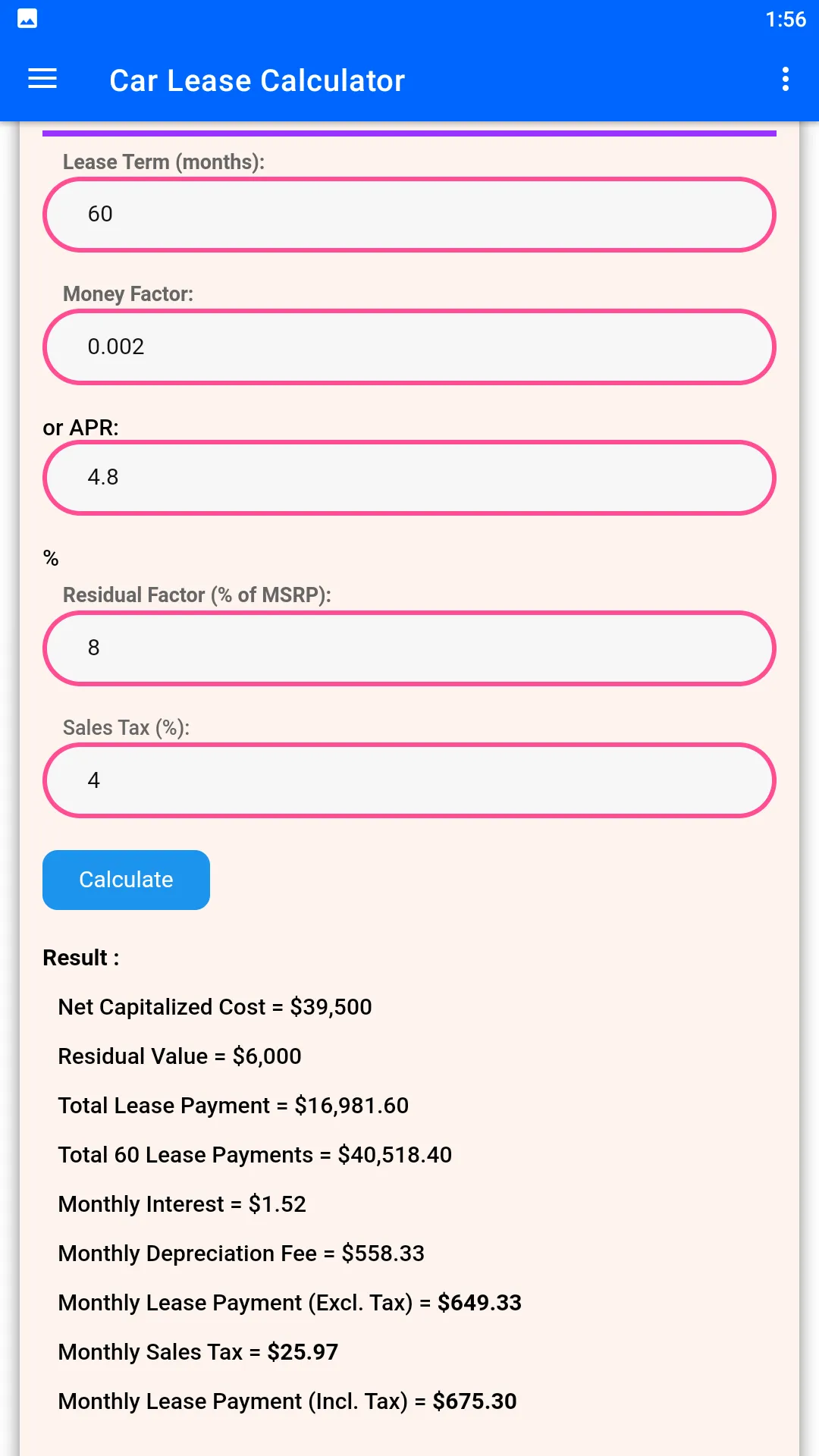 Car Lease Calculator | Indus Appstore | Screenshot